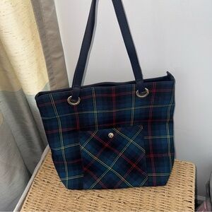 Talbots Wool Leather Plaid Tote Bag Blue Green